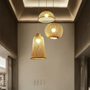 Plafonnier suspendu rotin et bambou naturel design nordique scandinave luminaire décoratif éclairage chaleureux salon chambre écoénergétique artisanal