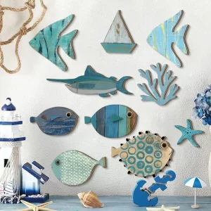 Décoration murale océan en bois main faite pêche corail étoile de mer voilier style côtier nautique art mural salon chambre salle de bain