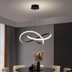 Suspension moderne métal noir design fluide éclairage LED salle à manger salon chambre lumière ambiant décor hôtel bar cosy épuré élégant