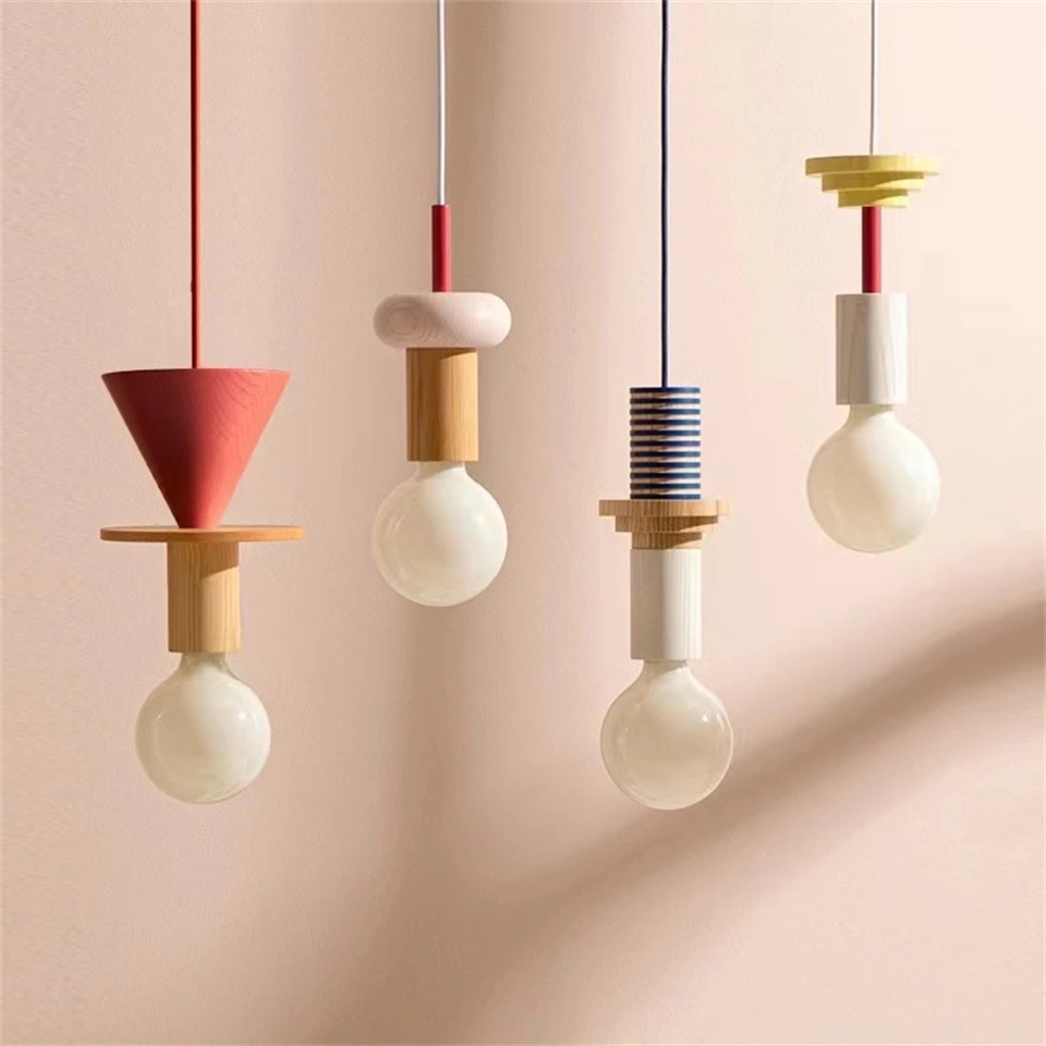 Suspension bois coloré design moderne nordique éclairage chaleureux salon cuisine LED économies d’énergie luminaire artistique