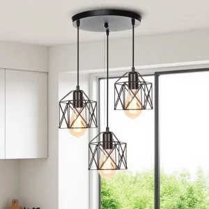 Plafonnier industriel vintage noir à 3 lumières – Suspension en métal treillis design moderne salle à manger salon éclairage chaleureux réglable élégant