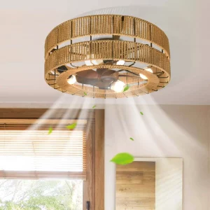 Plafonnier LED en rotin bois naturel design rustique bohème salon chambre éclairage ventilation économique élégant télécommande