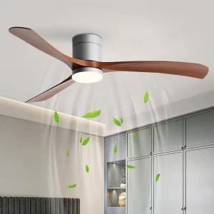 Plafonnier bois naturel ventilateur lumière LED design moderne éclairage salon chambre bureau suspension bois massif télécommande