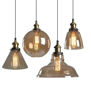 Suspension luminaire vintage industrielle verre ambré métal laiton design nordique moderne chambre salle à manger éclairage chaleureux lumière ambiance élégante