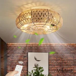 Plafonnier rotin tissé LED style bohème ventilateur caché éclairage créatif chambre salon ambiance chaleureuse naturelle économie d’énergie