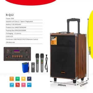 Enceinte portable Bluetooth bois design moderne 12 pouces haute puissance avec micro sans fil et roulettes