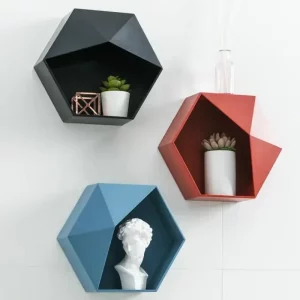 Étagère murale bois style nordique design hexagonale moderne salle séjour bureau décoration étagères artisanales rangement élégant