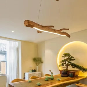 Plafonnier suspendu en bois naturel design rustique moderne lumière chaleureuse LED écoénergétique salle à manger salon décoration intérieure bois flotté style nordique scandinave