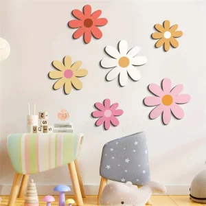 Ornements muraux en bois fleurs nordiques  décoration chambre enfant  autocollants marguerites bois boho artisanat  accessoires photo bébé  style scandinave moderne