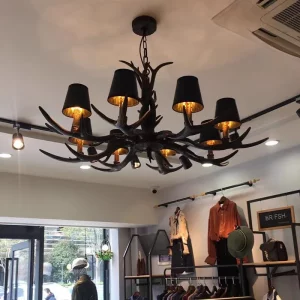 Plafonnier LED bois de cerf design rustique chandelier métal tissu salon restaurant éclairage chaleureux économies d’énergie décoration naturelle élégante