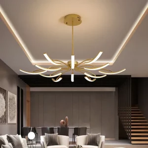Plafonnier suspendu design moderne sculptural en métal doré éclairage LED équilibre lumineux salon chambre luxe élégance Plafonnier suspendu design moderne sculptural en métal doré éclairage LED équilibre lumineux salon chambre luxe élégance