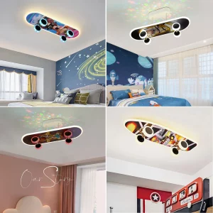 Plafonnier Skateboard LED multicolore design moderne luminaire chambre enfant éclairage variable télécommande RVB décoration originale salle jeux Plafonnier Skateboard LED multicolore design moderne luminaire chambre enfant éclairage variable télécommande RVB décoration originale salle jeux