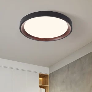 Plafonnier bois noyer grain métal noir design moderne minimaliste éclairage chaleureux salon chambre bureau luminaire chic économie d’énergie