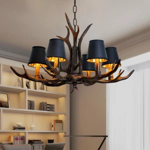 Lustre vintage en bois de résine design rustique naturel abat-jours en tissu noir éclairage chaleureux pour salon salle à manger cuisine décoration intérieure élégante Lustre vintage en bois de résine design rustique naturel abat-jours en tissu noir éclairage chaleureux pour salon salle à manger cuisine décoration intérieure élégante