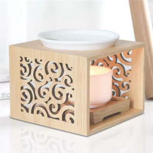 Brûleur à huile en bambou style zen décoration maison élégante lumière chaleureuse plateau céramique blanche design oriental Usage salon chambre salle de bain Brûleur à huile en bambou style zen décoration maison élégante lumière chaleureuse plateau céramique blanche design oriental Usage salon chambre salle de bain