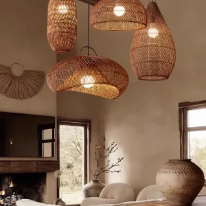 Suspension tissée à la main en rotin design naturel Bohème Vintage éclairage LED moderne salon salle à manger décoration chaleureuse lumière artisanale économique