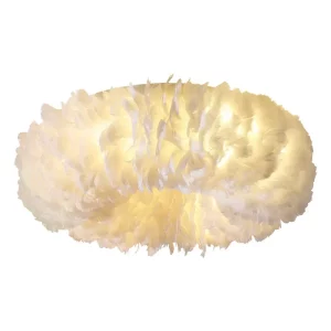 Plafonnier rond en plumes blanches design scandinave moderne lumière douce chambre salon décoration élégante aérienne