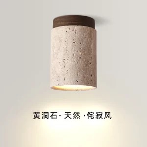 Plafonnier en bois naturel et pierre design scandinave moderne lumière chaude chambre salon éclairage écoénergétique élégant