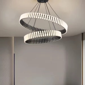 Suspension double anneaux LED design moderne minimaliste salon salle à manger éclairage contemporain économique élégant installation facile entretien simple