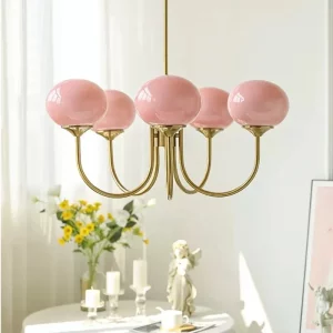 Lustre suspendu verre rose métal doré design moderne rétro éclairage romantique chambre salon salle à manger décoration intérieure élégante