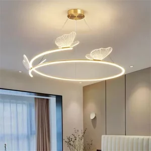 Suspension LED en métal design nordique moderne avec papillons acryliques éclairage doux pour salon chambre hôtel décoration intérieure élégante
