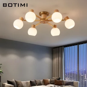 Plafonnier bois naturel design nordique moderne avec abat-jour verre éclairage chaleureux salon chambre économique élégant