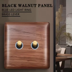 Interrupteur mural double levier en bois de noyer noir et laiton design moderne épuré avec LED bleu salle à manger chambre hall style scandinave nordique élégance naturelle économie d’énergie Interrupteur mural double levier en bois de noyer noir et laiton design moderne épuré avec LED bleu salle à manger chambre hall style scandinave nordique élégance naturelle économie d’énergie