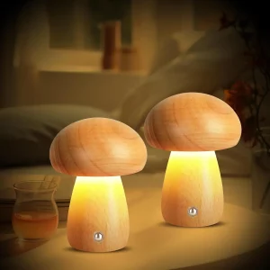 Lampe champignon en bois LED  design scandinave moderne  éclairage chaleureux  portable sans fil  rechargeable  gradation continue  veilleuse  cadeau anniversaire