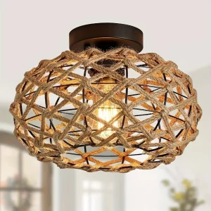 Plafonnier en Corde Jute et Métal Design Bohème Rustique Éclairage Chaleureux Salon Chambre Couloir Économique Élégant