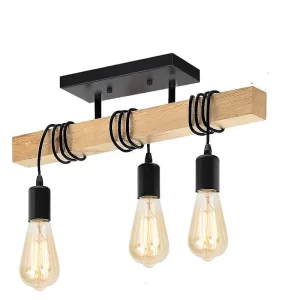 Plafonnier bois métal noir design industriel vintage intérieur éclairage chaleureux salle à manger cuisine moderne élégance naturelle