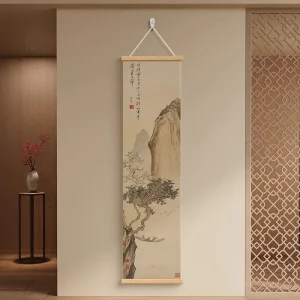 Rouleau mural paysage sec Zen  peinture à l’encre avec cadre bois naturel  décoration méditation salon style asiatique traditionnel