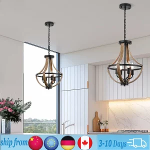 Plafonnier bois vintage 15″ 4 lumières réglable en hauteur salle à manger éclairage chaleureux design scandinave moderne décoration intérieure élégante économie d’énergie