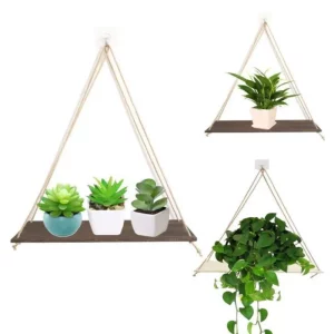 Étagère murale suspendue bois naturel corde design minimaliste rustique décoration intérieure salon chambre bureau organisation plantes supports objets