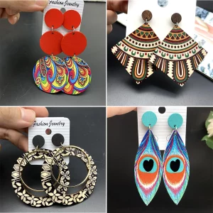 Boucles d’oreilles ethniques bohème en bois peint coloré pour femmes  Design créatif  déclaration géométrique  bijoux féminins