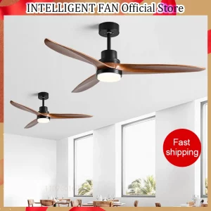 Plafonnier bois naturel design moderne LED éclairage chaleureux ventilateur sans lumière télécommande grande pièce 52 pouces