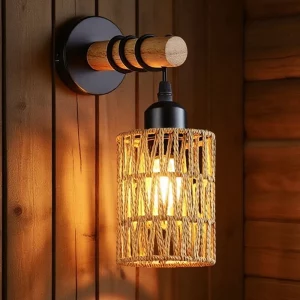 Applique murale rustique bois métal design moderne lumière chaleureuse salon chambre corridor hôtel E27 LED économique élégant