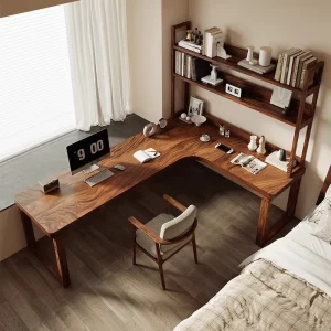 Bureau en bois massif en L noyer étagères design moderne chambre bureau salon table d’étude rangement élégant fonctionnel Bureau en bois massif en L noyer étagères design moderne chambre bureau salon table d’étude rangement élégant fonctionnel