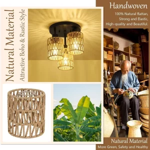 Plafonnier rotin main 3 lumières style boho rustique décoration intérieure éclairage chaleureux économique élégant Plafonnier rotin main 3 lumières style boho rustique décoration intérieure éclairage chaleureux économique élégant