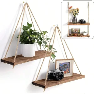 Étagère murale suspendue en bois et jute  design rustique bohème  intérieur naturel  décoration salon  chambre  entrée  plantes  objets déco  style nordique