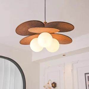 Suspension en bois et verre opalin design moderne naturel pour salon salle à manger éclairage chaleureux LED économies d’énergie style nordique scandinave