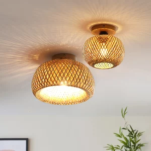 Plafonnier en bambou tissé design nordique scandinave lumière chaleureuse salon salle à manger éclairage naturel déco élégante