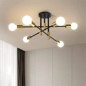 Plafonnier moderne en métal doré  design industriel  éclairage diffus  salle à manger  salon  bureau  intérieur contemporain  lumière chaleureuse  esthétique élégante