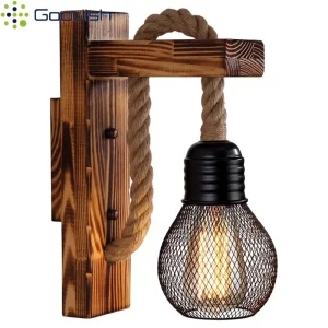 Applique murale bois brûlé corde métal cage LED éclairage industriel vintage chaleureux décoration mur intérieur salon chambre bureau Applique murale bois brûlé corde métal cage LED éclairage industriel vintage chaleureux décoration mur intérieur salon chambre bureau