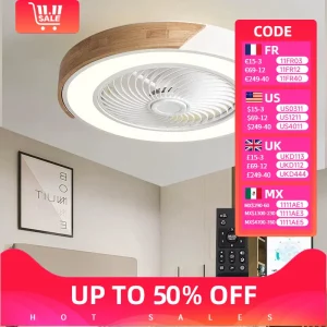 Plafonnier LED en bois naturel design scandinave moderne avec ventilateur intégré pour salon chambre éclairage chaleureux et économique