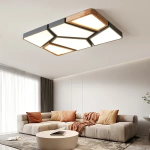 Plafonnier LED en bois chêne design géométrique nordique moderne éclairage chaleureux salon chambre cuisine bureau élégance naturelle économique