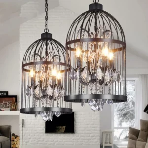 Suspension industrielle vintage cage métal noir cristal transparent élégance design luminaire éclairage salon restaurant Suspension industrielle vintage cage métal noir cristal transparent élégance design luminaire éclairage salon restaurant