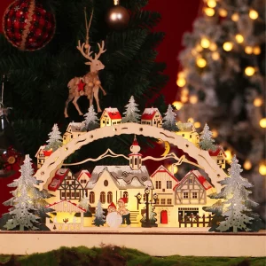 Décoration de table en bois LED village de Noël scene miniature luminaire festif éclairage chaleureux bois naturel design traditionnel salle à manger salon cadeau original