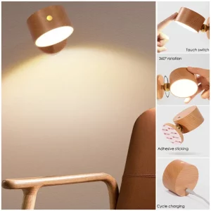 Applique murale bois LED design scandinave moderne éclairage chaleureux rechargeable 360° interrupteur tactile adhésif sans fil chambre salon bureau Applique murale bois LED design scandinave moderne éclairage chaleureux rechargeable 360° interrupteur tactile adhésif sans fil chambre salon bureau