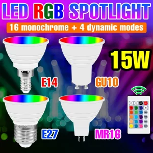 Ampoule LED RGB 15W E27 GU10 avec télécommande IR éclairage multicolore dynamique pour salon chambre décoration festive économie d’énergie 20000h de durée de vie Ampoule LED RGB 15W E27 GU10 avec télécommande IR éclairage multicolore dynamique pour salon chambre décoration festive économie d’énergie 20000h de durée de vie