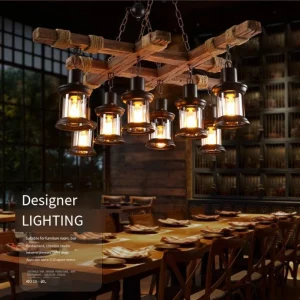 Plafonnier bois verre design industriel rustique suspendu intérieur restaurant café éclairage chaleureux déco unique
